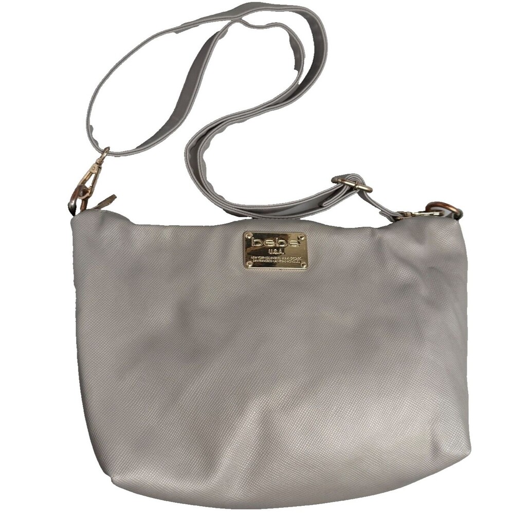 Bebe USA Vegan Leather Gray Crossbody Shoulder Bag Purse 14"x9"x4" EUC Chic
